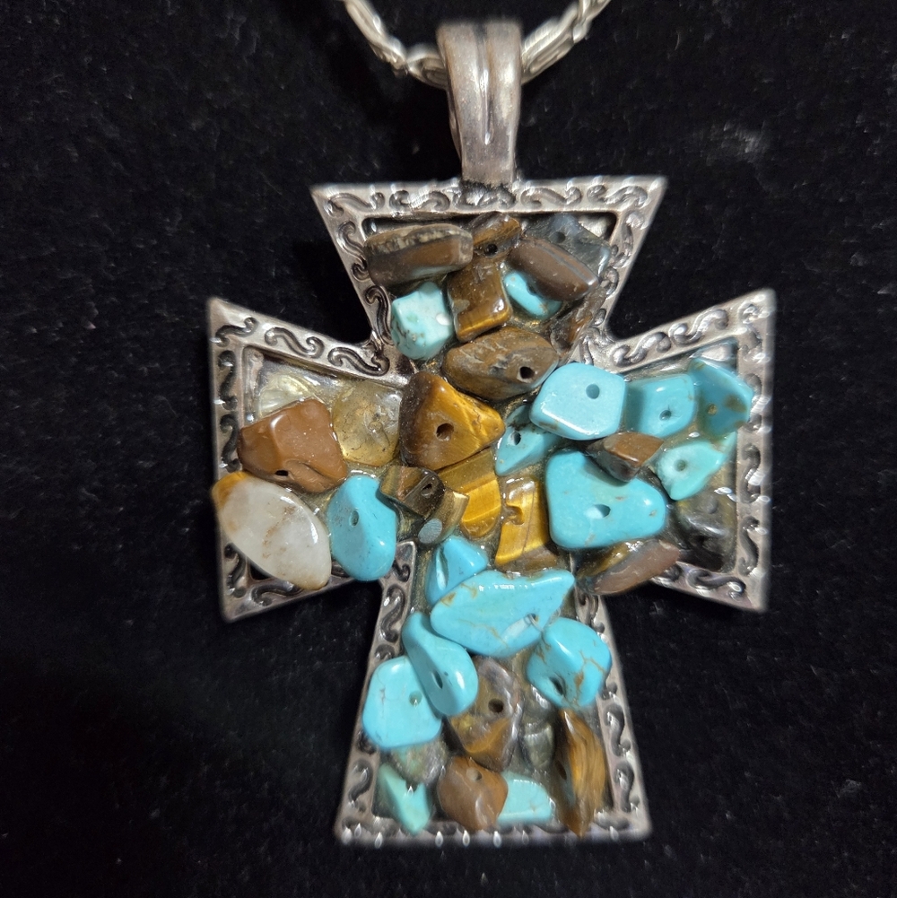 Silver Tone Statement Cross Pendant with Turquoise and Brown Stones. Aprox 2"x3"